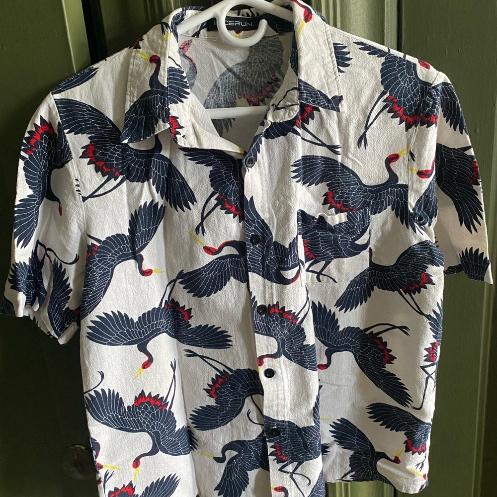 Men's Crane Print Shirt - White and Black